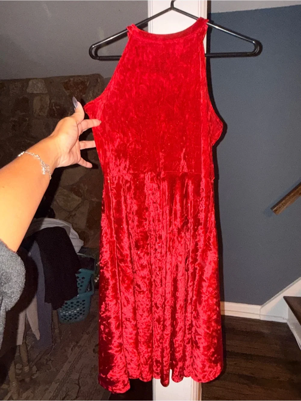 Justice Girls XL 16/18 Red Crushed Velvet Halter Skater Party Dress